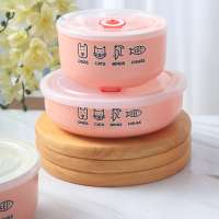 wholesale  red glazed cartoon animal printing ceramic salad fresh bowl serving soup bowl with plastic lid